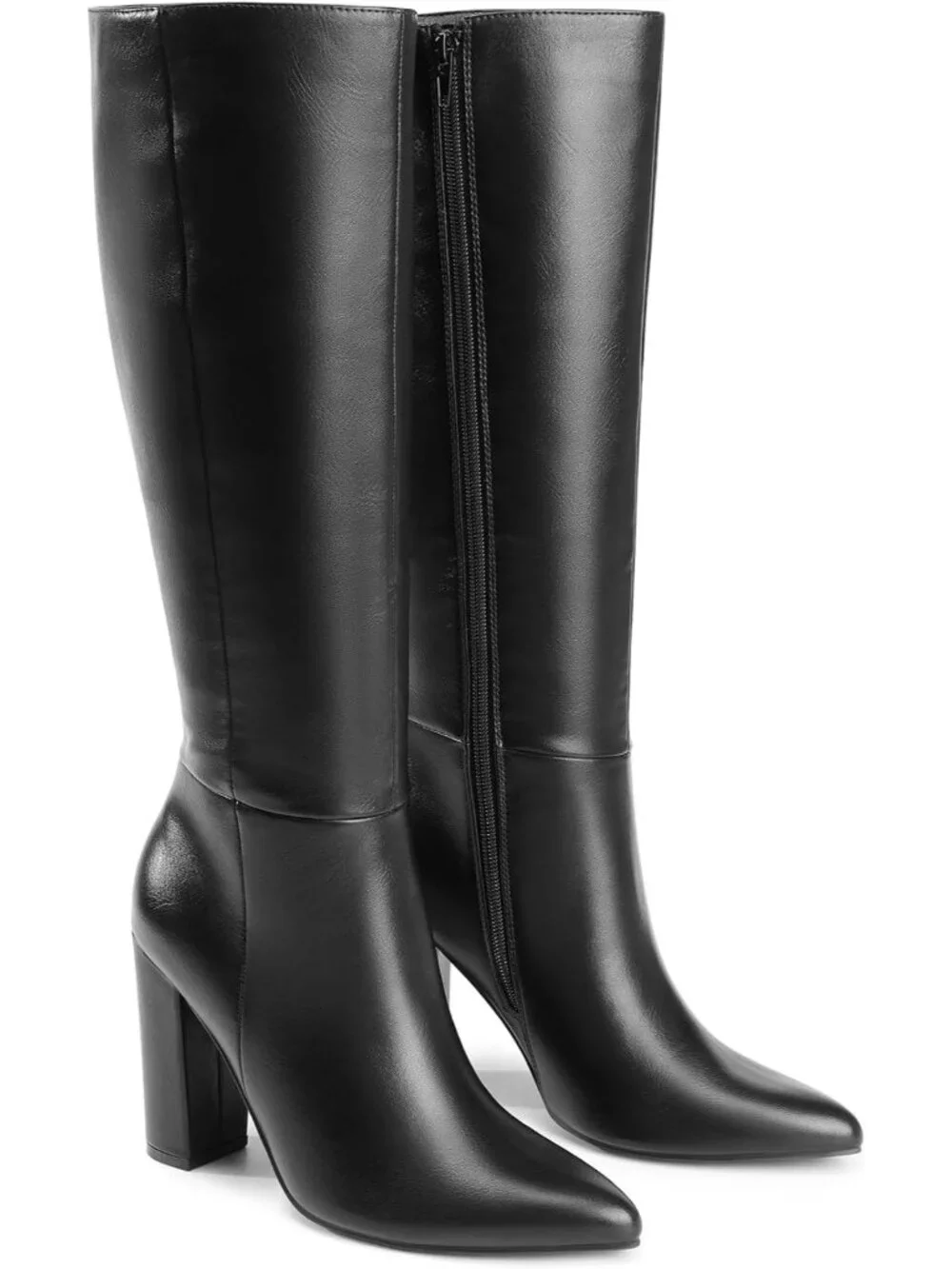 Women's Black Faux Leather Chunky Heel Pointed Toe Side Zipper Knee High Boots